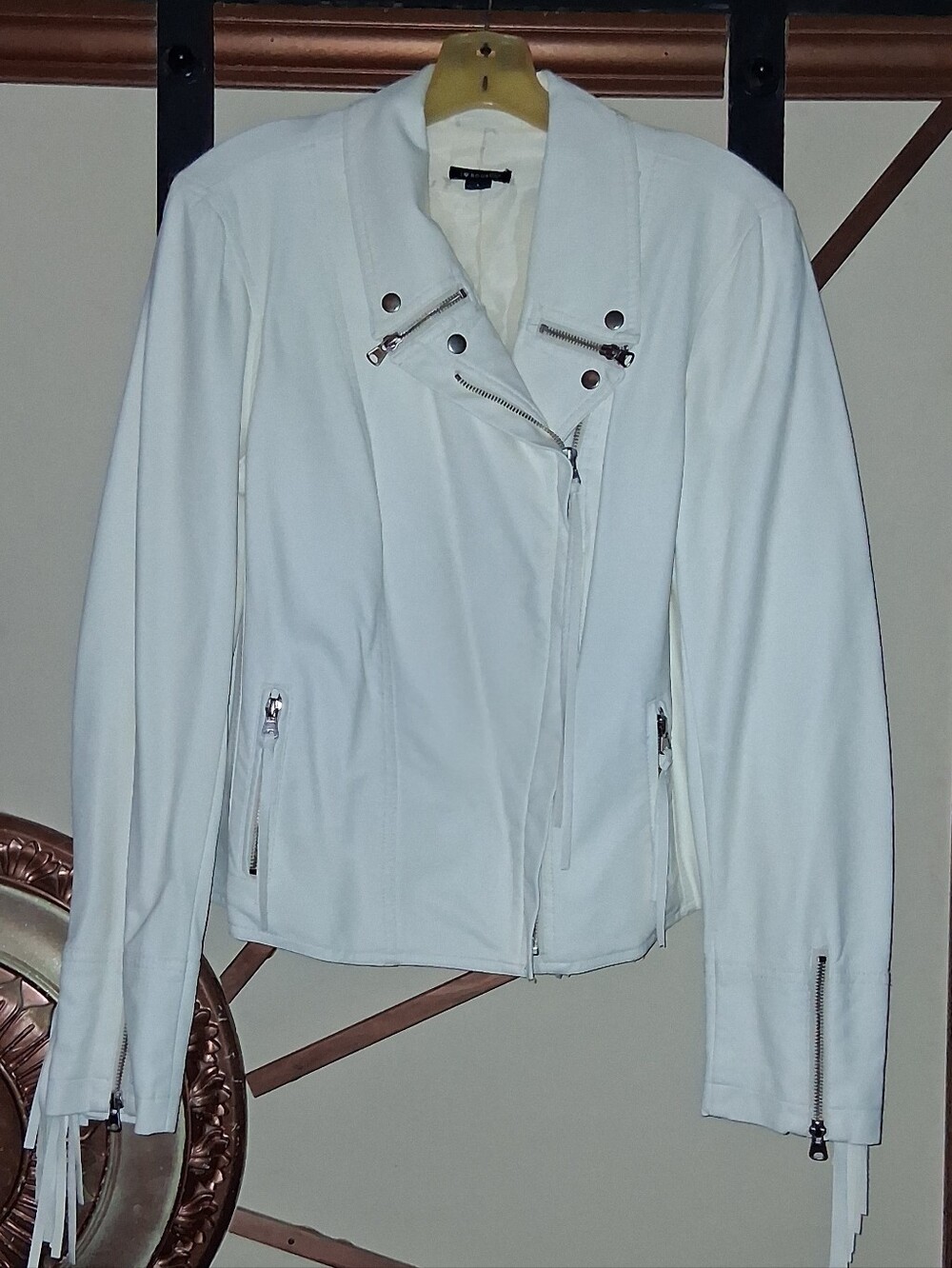I Heart Ronson White Leather Like Moto Jacket with Zippers & Fringe